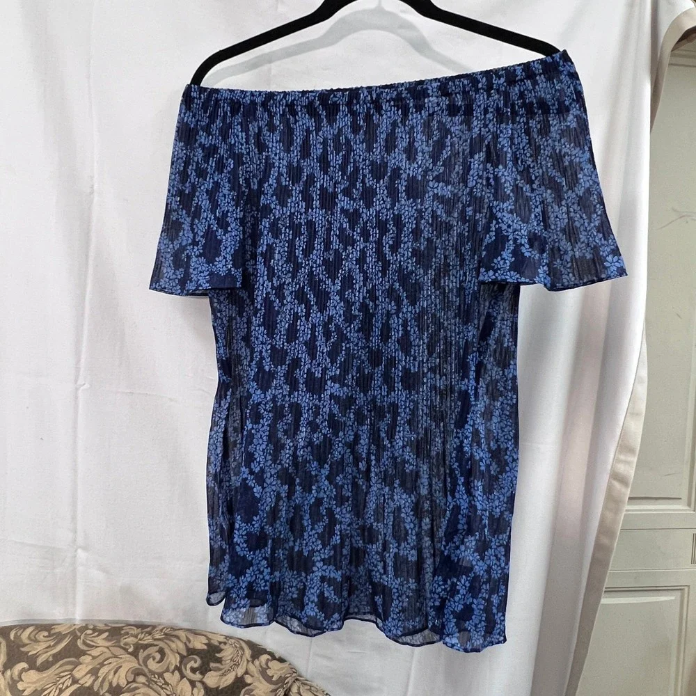 Michael Kors Navy Blue Floral Off Shoulder Sheer Pleated Metallic Blouse Large
